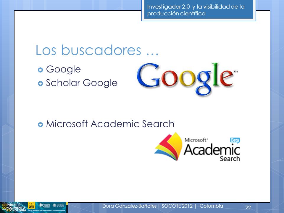 Los buscadores … Google Scholar Google Microsoft Academic Search