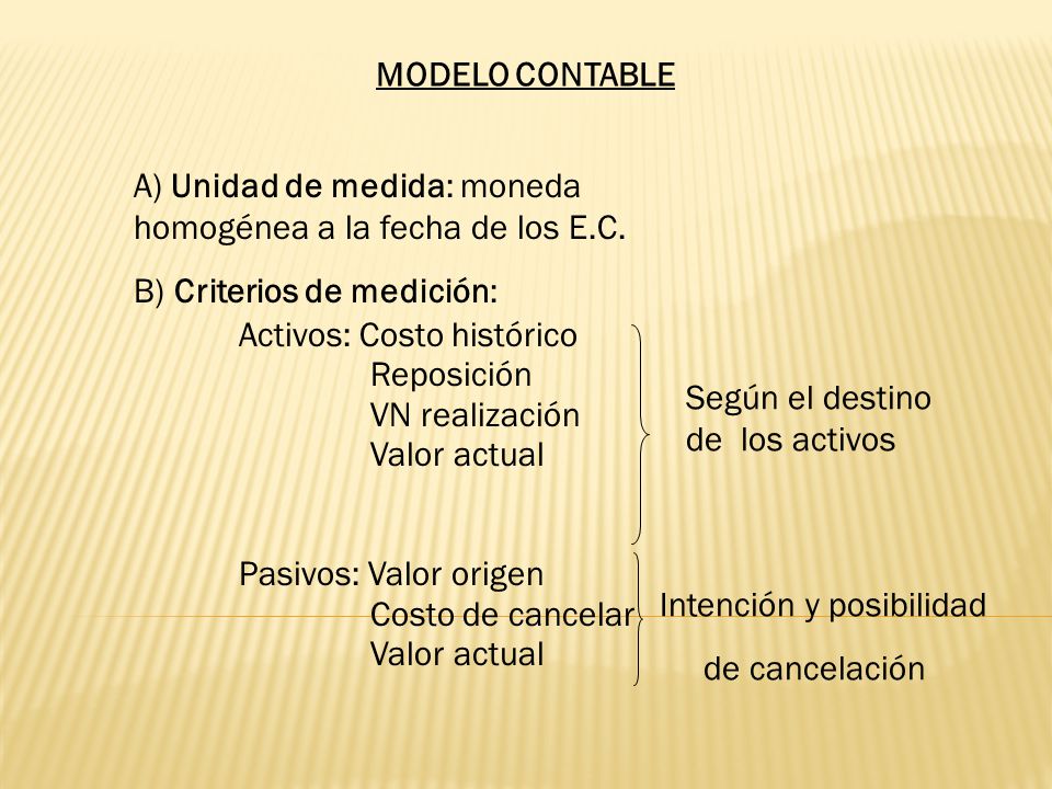 MODELO CONTABLE A) Unidad de medida: moneda homogénea a la fecha de los E.C. B) Criterios de medición: