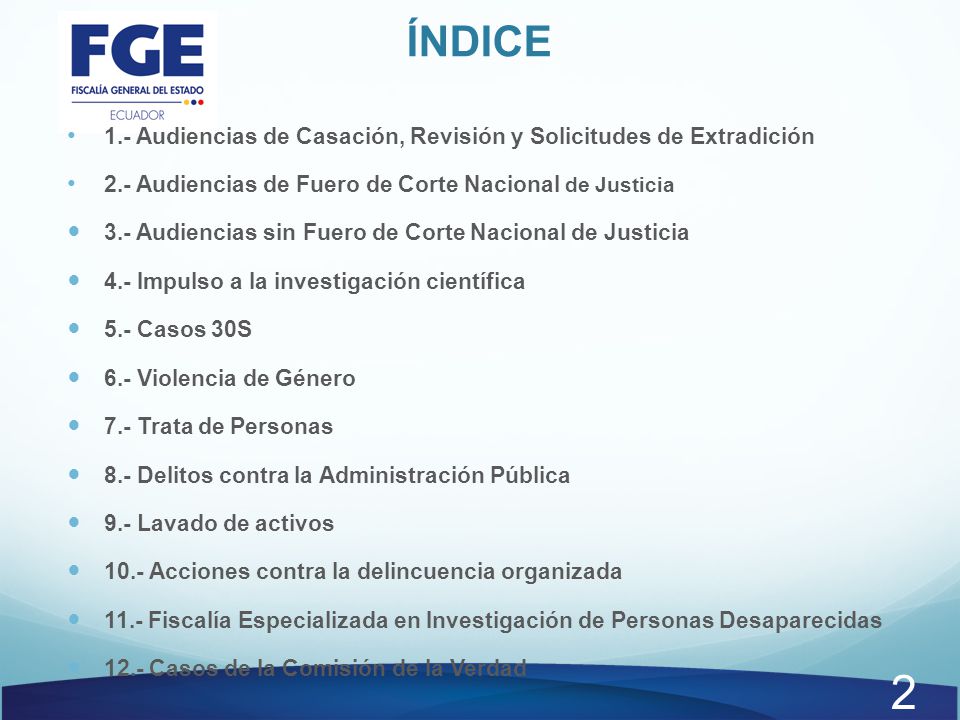ÍNDICE 1.- Audiencias de Casación, Revisión y Solicitudes de Extradición. 2.- Audiencias de Fuero de Corte Nacional de Justicia.