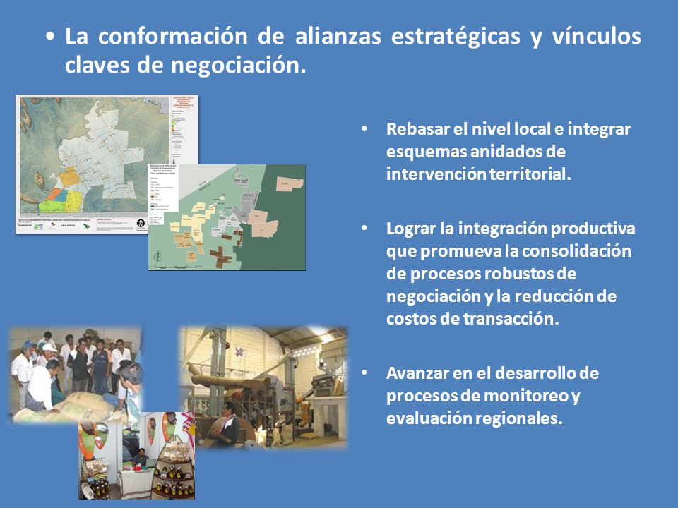 La conformación de alianzas estratégicas y vínculos claves de negociación.