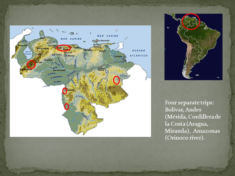 Four separate trips: Bolivar, Andes (Mérida, Cordillera de la Costa (Aragua, Miranda), Amazonas (Orinoco river).