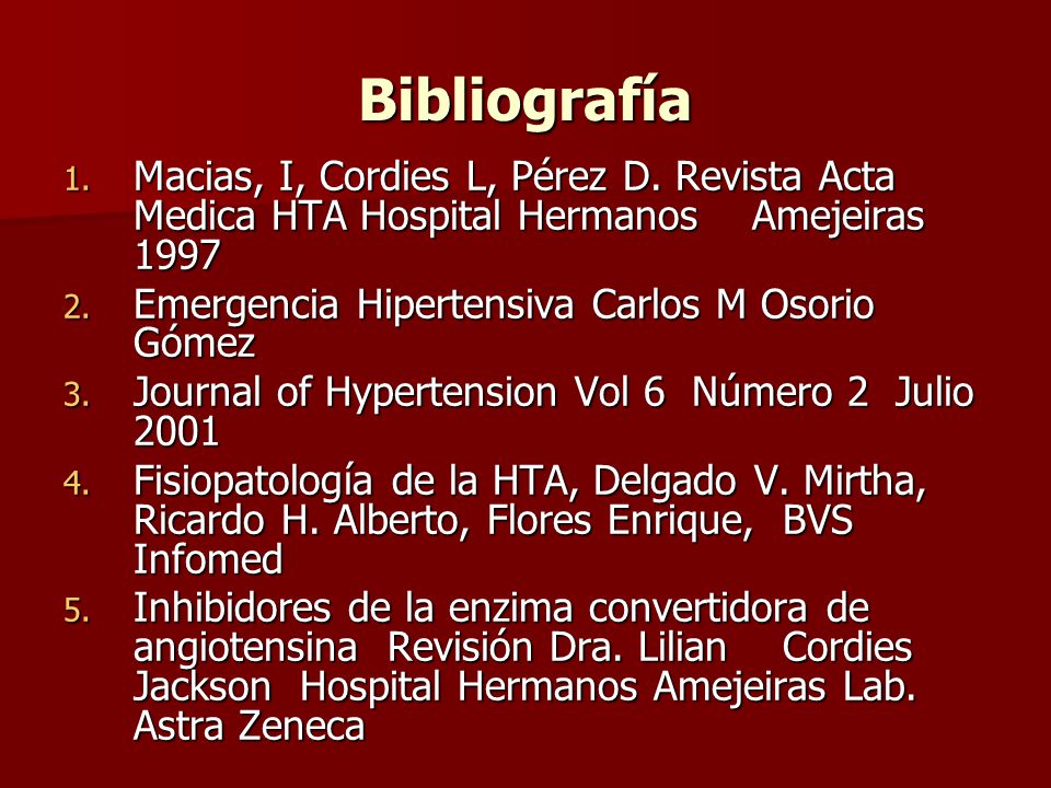 Bibliografía Macias, I, Cordies L, Pérez D. Revista Acta Medica HTA Hospital Hermanos Amejeiras