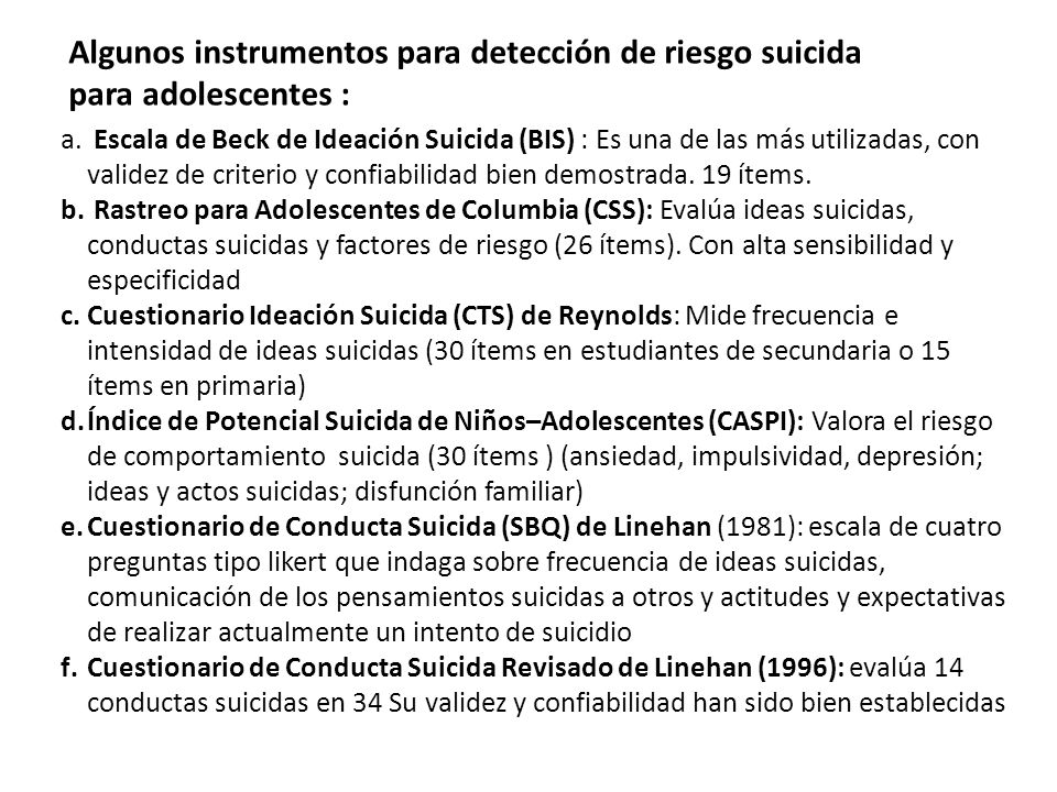 Algunos instrumentos para detección de riesgo suicida para adolescentes :