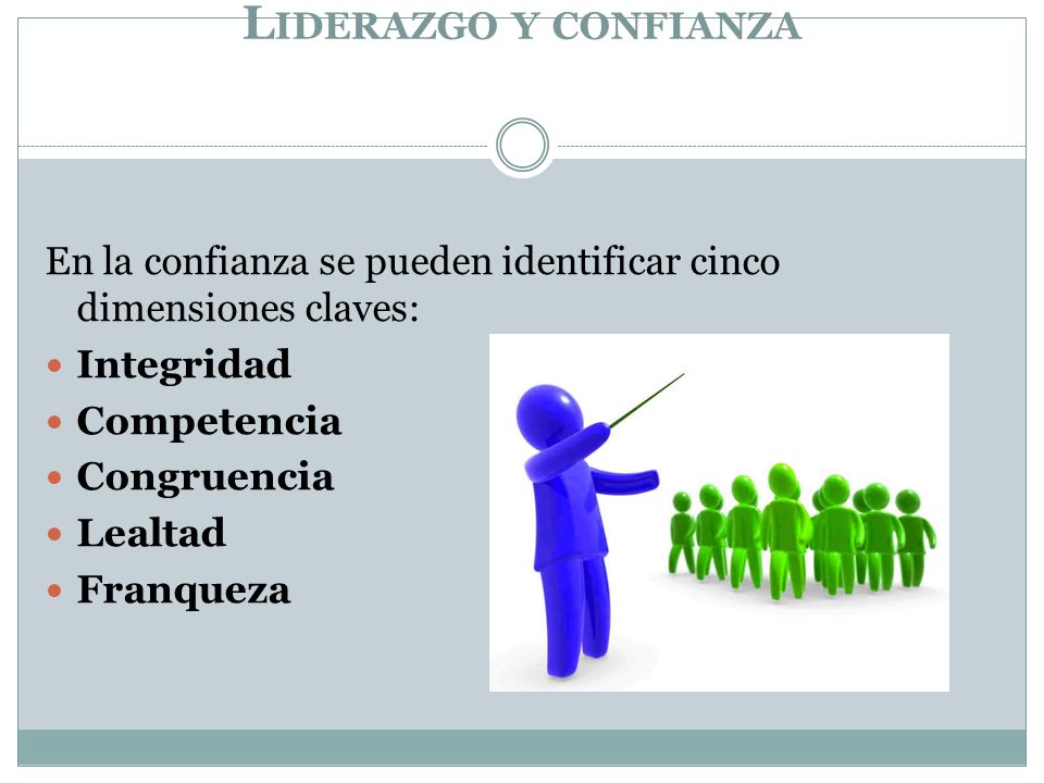 Liderazgo y confianza En la confianza se pueden identificar cinco dimensiones claves: Integridad. Competencia.