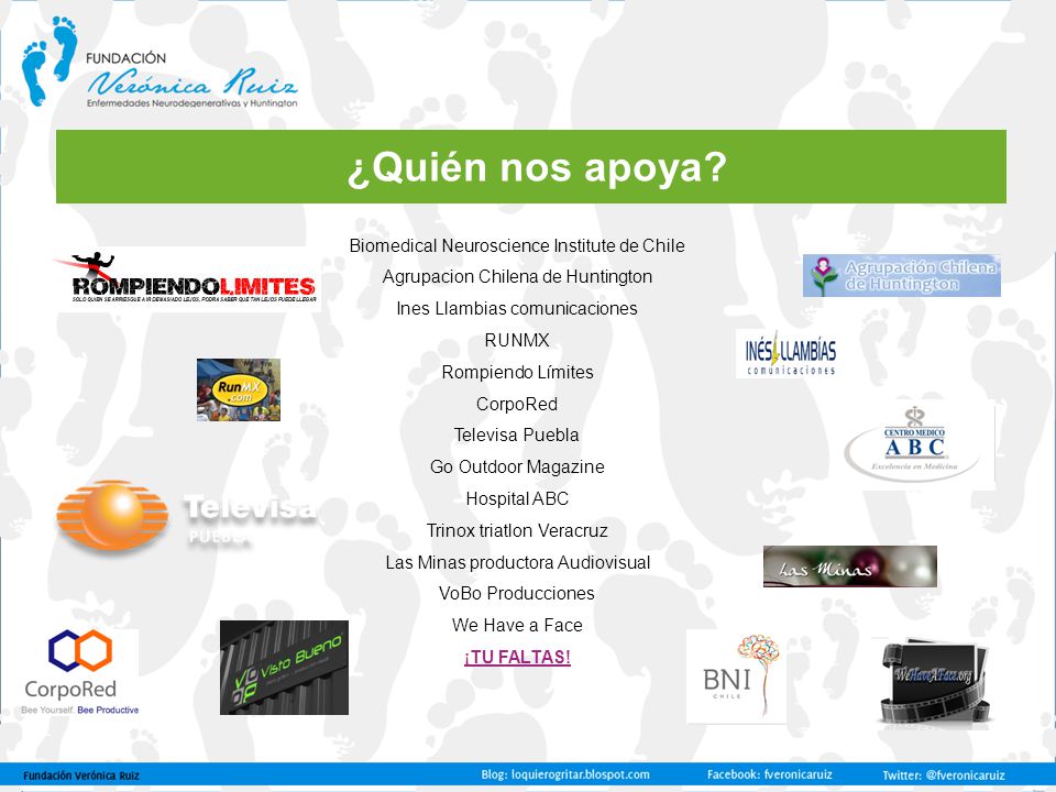 ¿Quién nos apoya Biomedical Neuroscience Institute de Chile Agrupacion Chilena de Huntington Ines Llambias comunicaciones RUNMX Rompiendo Límites.