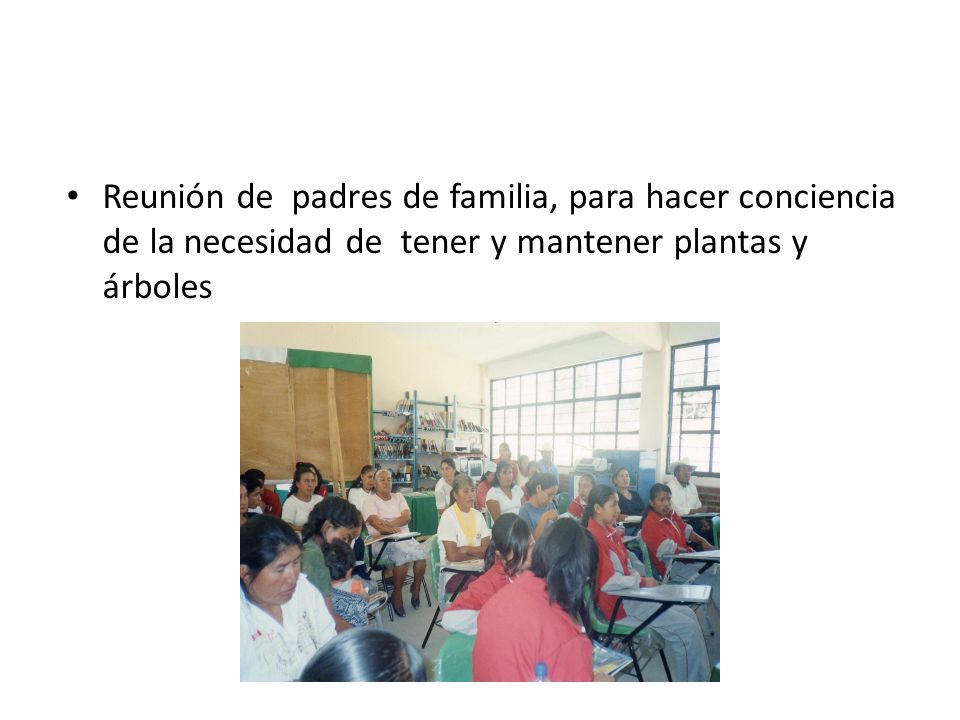 Reunión de padres de familia, para hacer conciencia de la necesidad de tener y mantener plantas y árboles