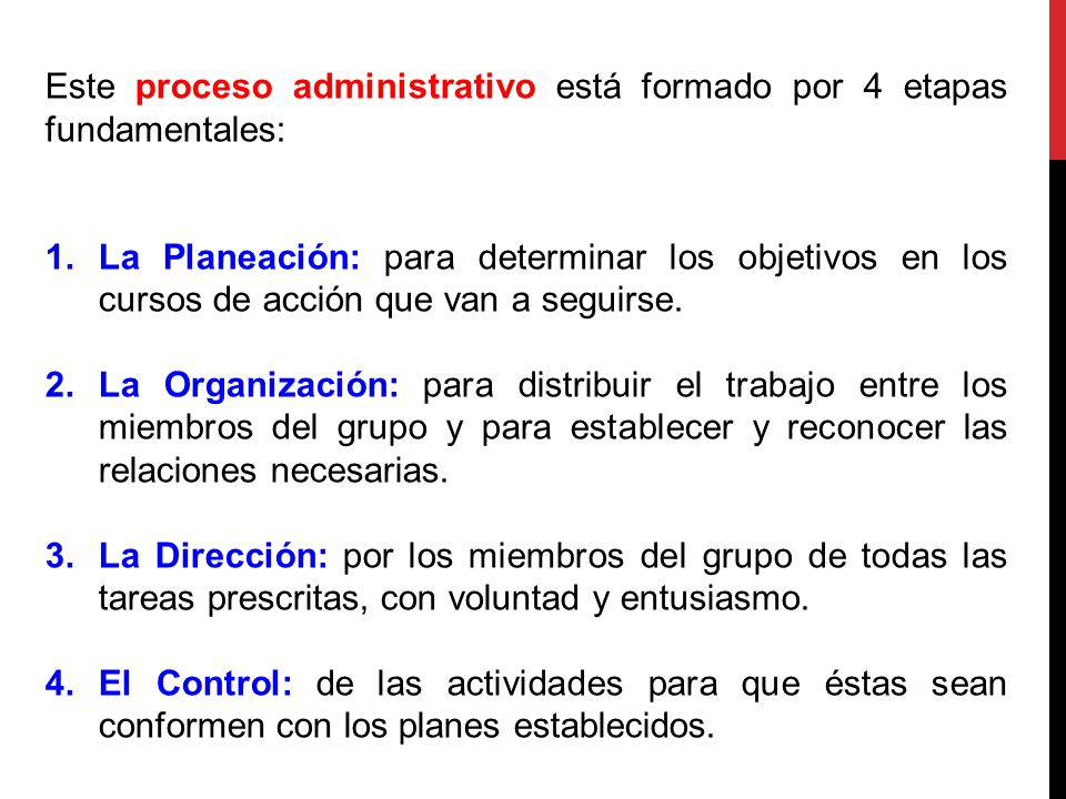 Este proceso administrativo está formado por 4 etapas fundamentales: