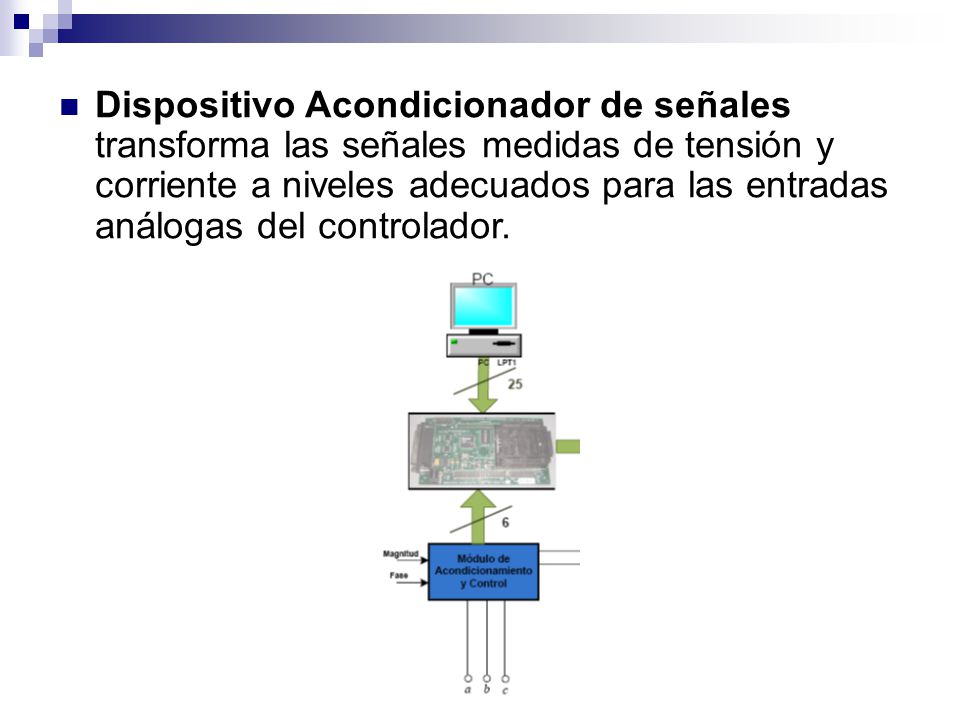 Dispositivo Acondicionador de señales transforma las señales medidas de tensión y corriente a niveles adecuados para las entradas análogas del controlador.