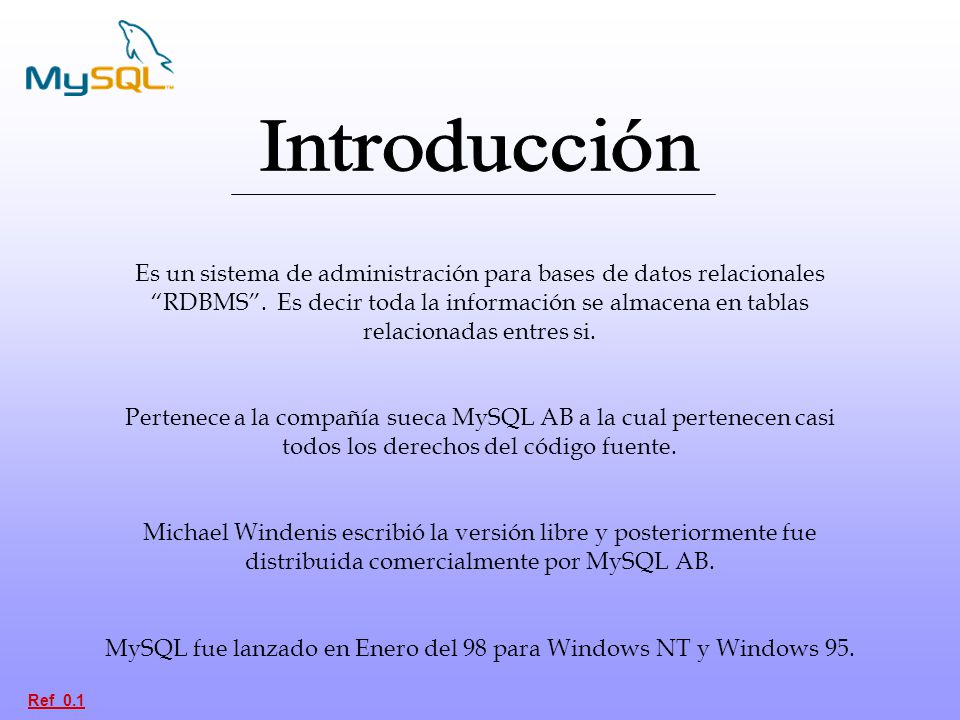 MySQL fue lanzado en Enero del 98 para Windows NT y Windows 95.