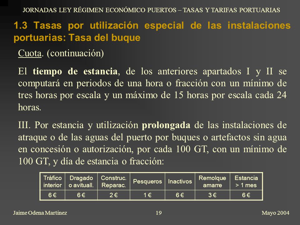 JORNADAS LEY RÉGIMEN ECONÓMICO PUERTOS – TASAS Y TARIFAS PORTUARIAS