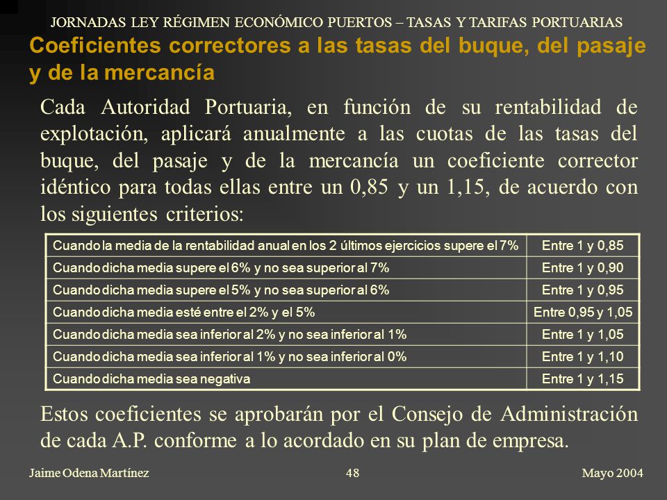 JORNADAS LEY RÉGIMEN ECONÓMICO PUERTOS – TASAS Y TARIFAS PORTUARIAS