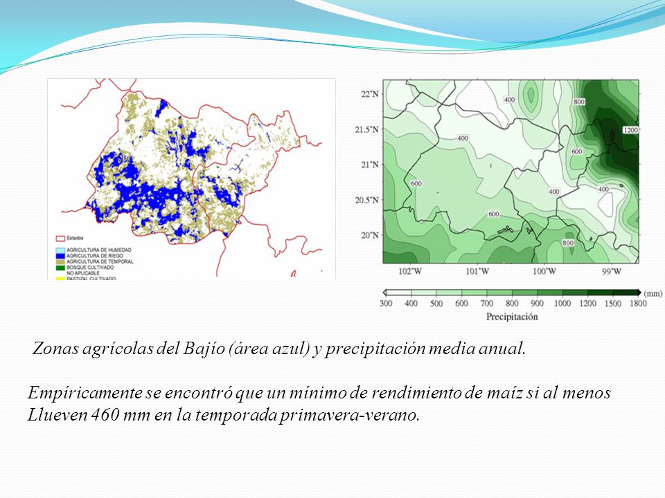 Zonas agrícolas del Bajío (área azul) y precipitación media anual.