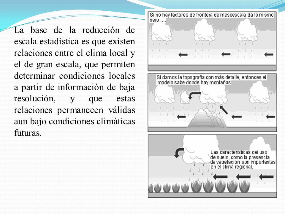 La base de la reducción de escala estadística es que existen relaciones entre el clima local y el de gran escala, que permiten determinar condiciones locales a partir de información de baja resolución, y que estas relaciones permanecen válidas aun bajo condiciones climáticas futuras.