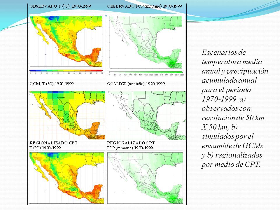 Escenarios de temperatura media anual y precipitación acumulada anual para el periodo a) observados con resolución de 50 km X 50 km, b) simulados por el ensamble de GCMs, y b) regionalizados por medio de CPT.