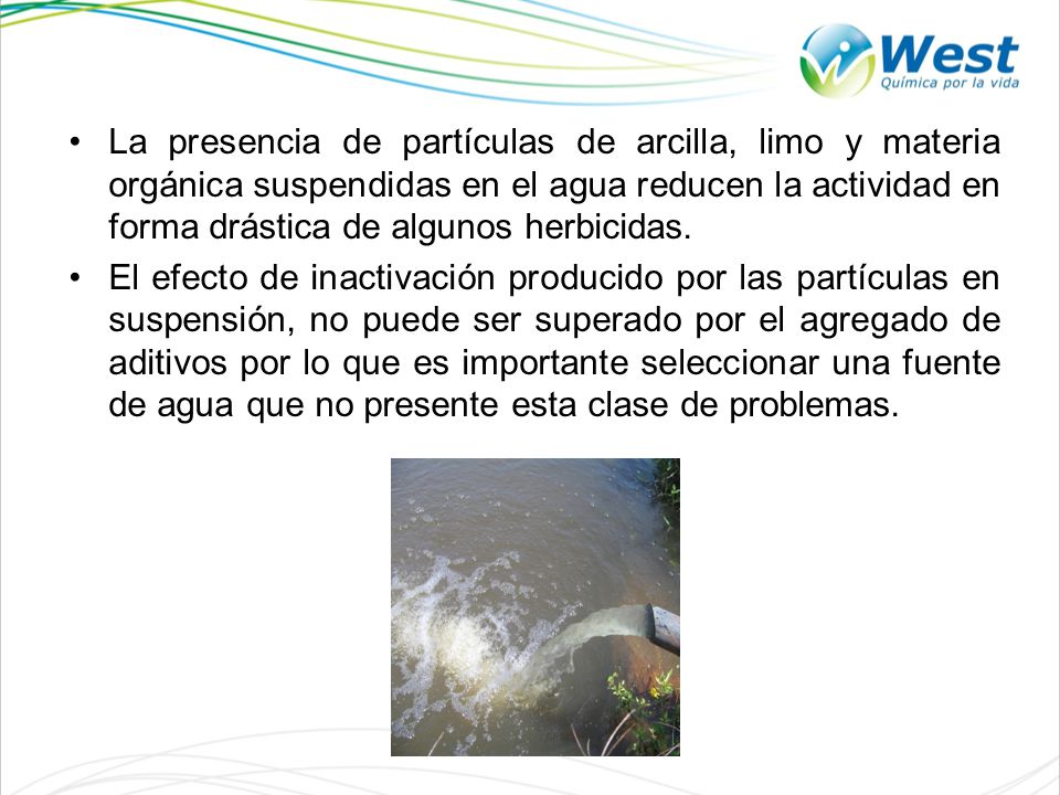 La presencia de partículas de arcilla, limo y materia orgánica suspendidas en el agua reducen la actividad en forma drástica de algunos herbicidas.