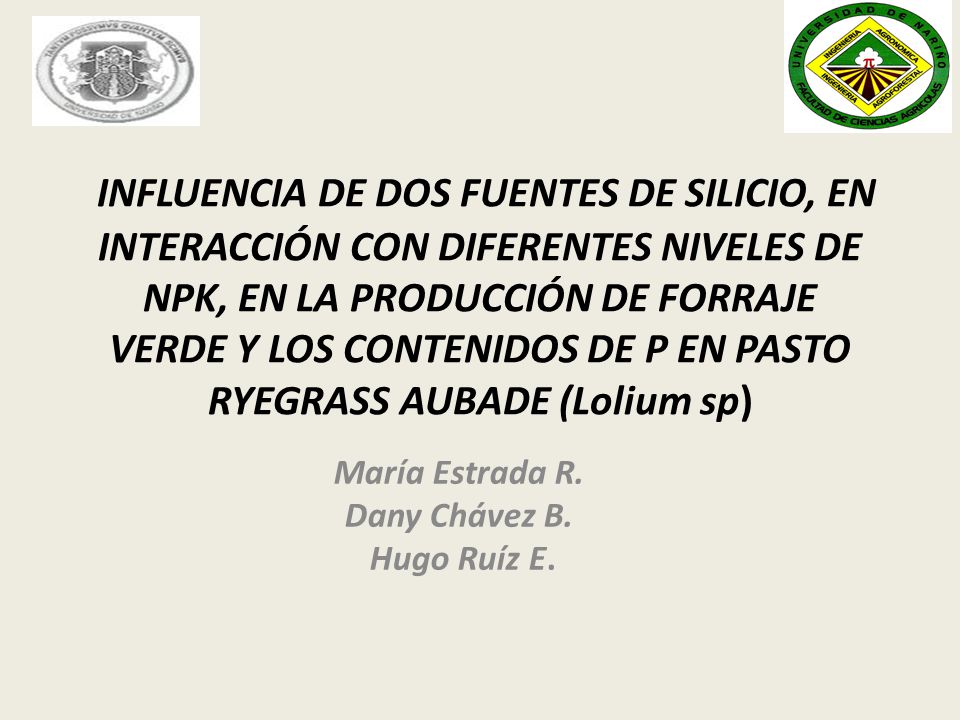 INFLUENCIA DE DOS FUENTES DE SILICIO, EN INTERACCIÓN CON DIFERENTES NIVELES DE NPK, EN LA PRODUCCIÓN DE FORRAJE VERDE Y LOS CONTENIDOS DE P EN PASTO RYEGRASS AUBADE (Lolium sp)