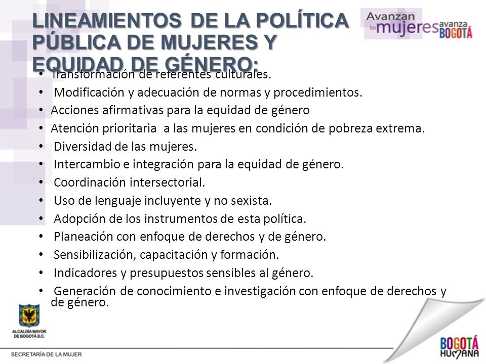 LINEAMIENTOS DE LA POLÍTICA PÚBLICA DE MUJERES Y EQUIDAD DE GÉNERO: