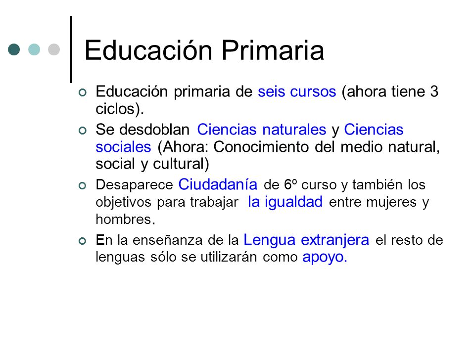 Educación Primaria Educación primaria de seis cursos (ahora tiene 3 ciclos).