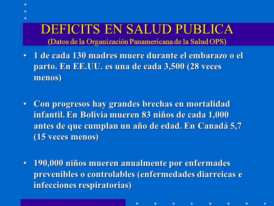 DEFICITS EN SALUD PUBLICA (Datos de la Organización Panamericana de la Salud OPS)