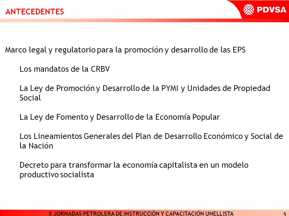ANTECEDENTES Marco legal y regulatorio para la promoción y desarrollo de las EPS. Los mandatos de la CRBV.