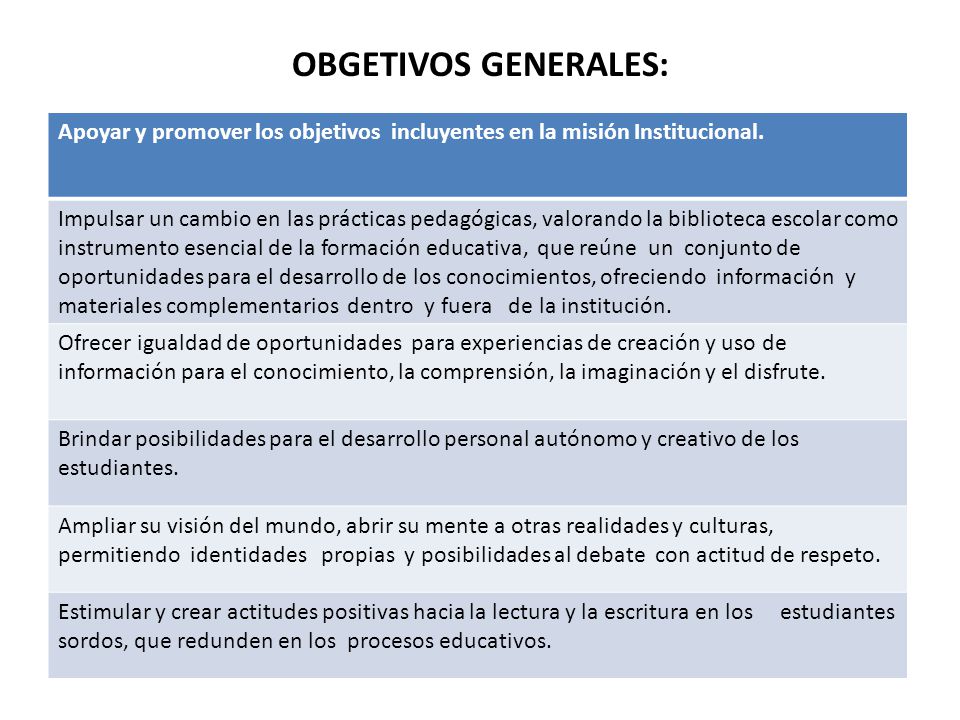 OBGETIVOS GENERALES: Apoyar y promover los objetivos incluyentes en la misión Institucional.