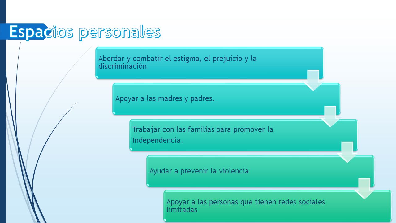Espacios personales Abordar y combatir el estigma, el prejuicio y la discriminación. Apoyar a las madres y padres.
