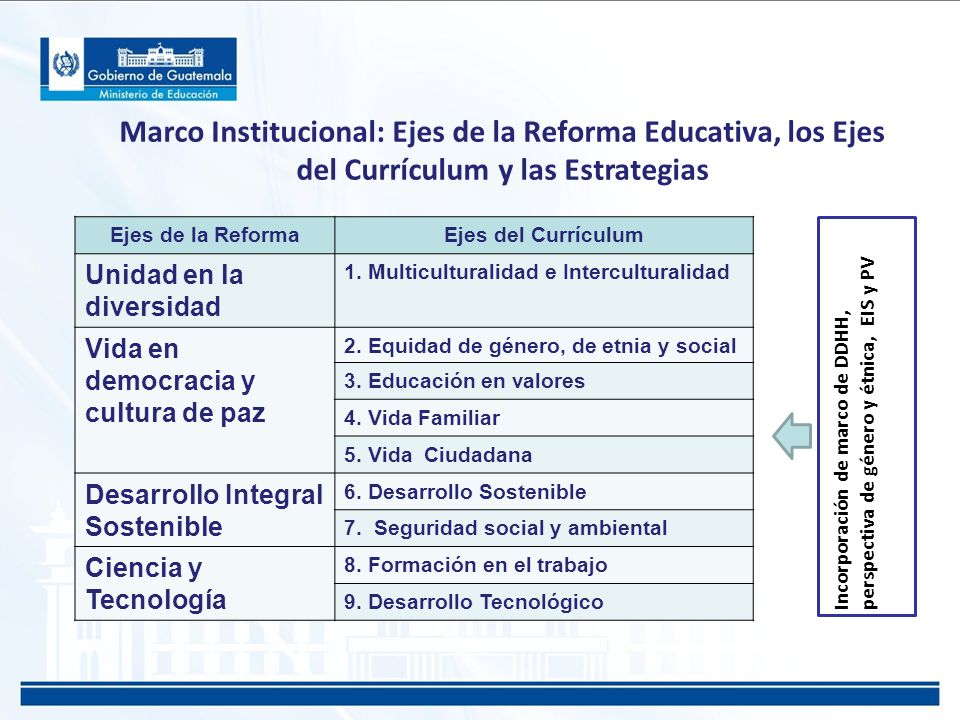 Marco Institucional: Ejes de la Reforma Educativa, los Ejes del Currículum y las Estrategias