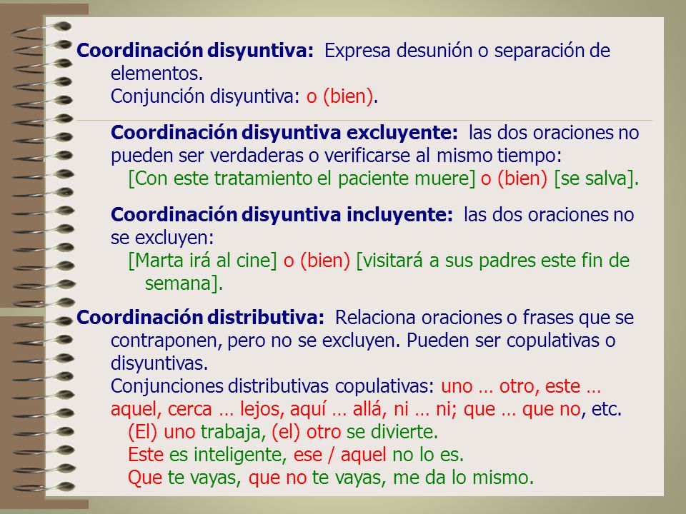 Coordinación disyuntiva: Expresa desunión o separación de elementos