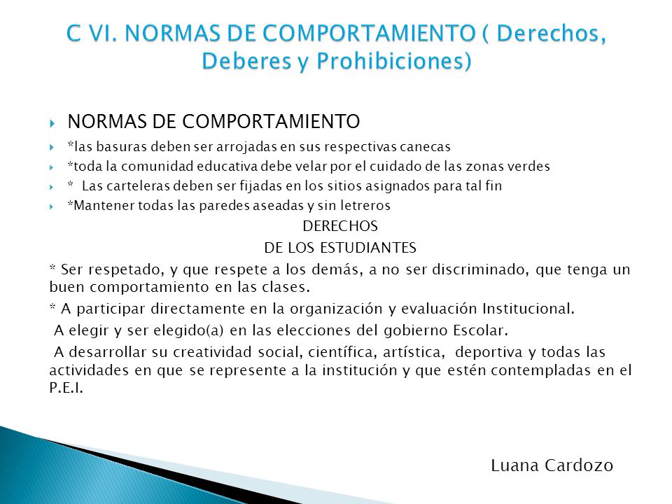 C VI. NORMAS DE COMPORTAMIENTO ( Derechos, Deberes y Prohibiciones)