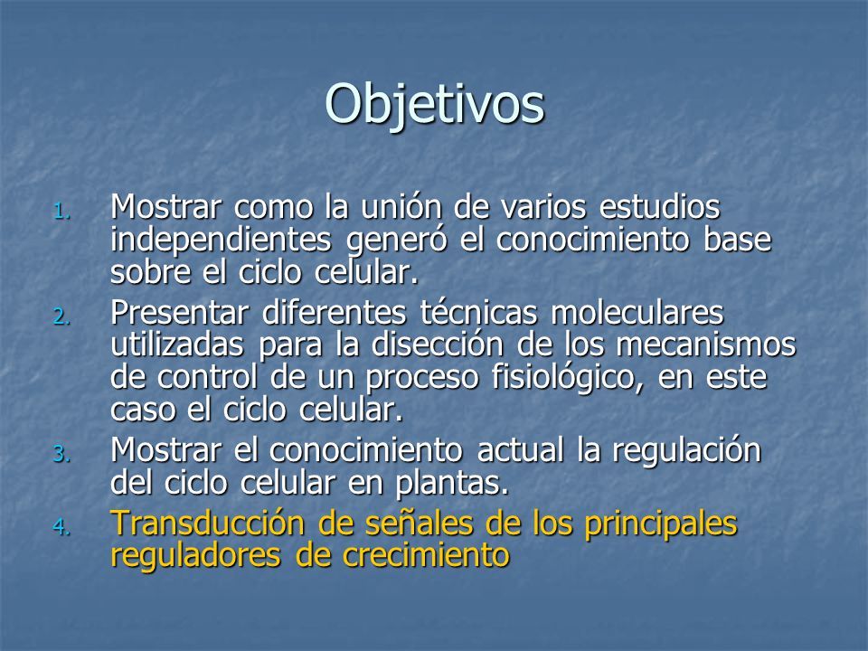 Objetivos Mostrar como la unión de varios estudios independientes generó el conocimiento base sobre el ciclo celular.