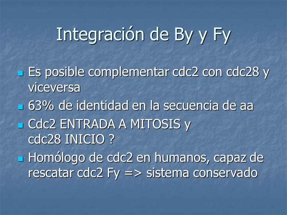Integración de By y Fy Es posible complementar cdc2 con cdc28 y viceversa. 63% de identidad en la secuencia de aa.