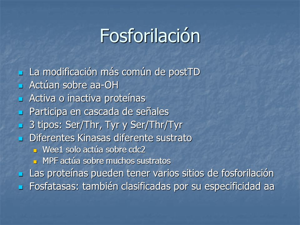 Fosforilación La modificación más común de postTD Actúan sobre aa-OH
