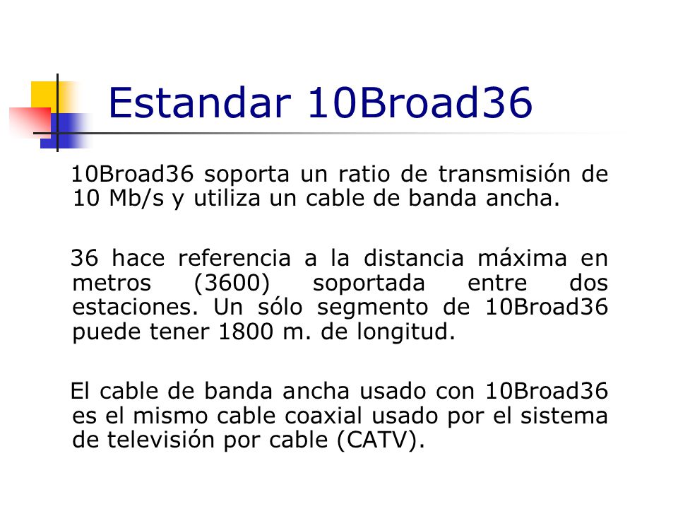 Estandar 10Broad36 10Broad36 soporta un ratio de transmisión de 10 Mb/s y utiliza un cable de banda ancha.