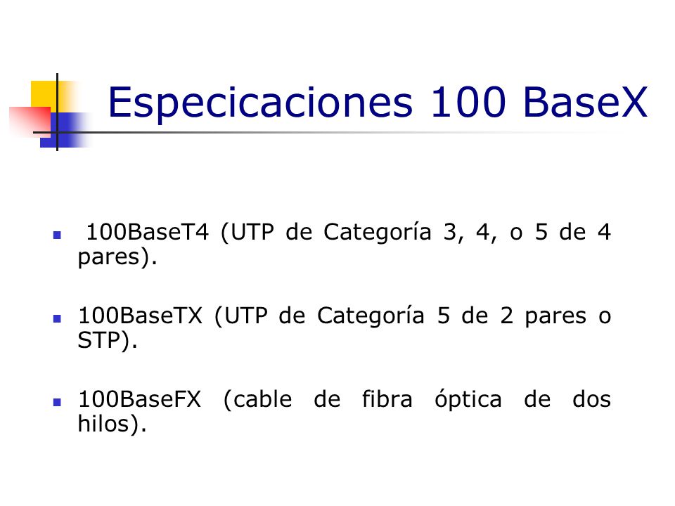 Especicaciones 100 BaseX 100BaseT4 (UTP de Categoría 3, 4, o 5 de 4 pares). 100BaseTX (UTP de Categoría 5 de 2 pares o STP).