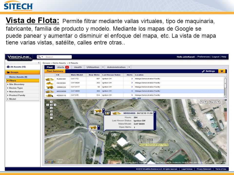 Vista de Flota: Permite filtrar mediante vallas virtuales, tipo de maquinaria, fabricante, familia de producto y modelo.