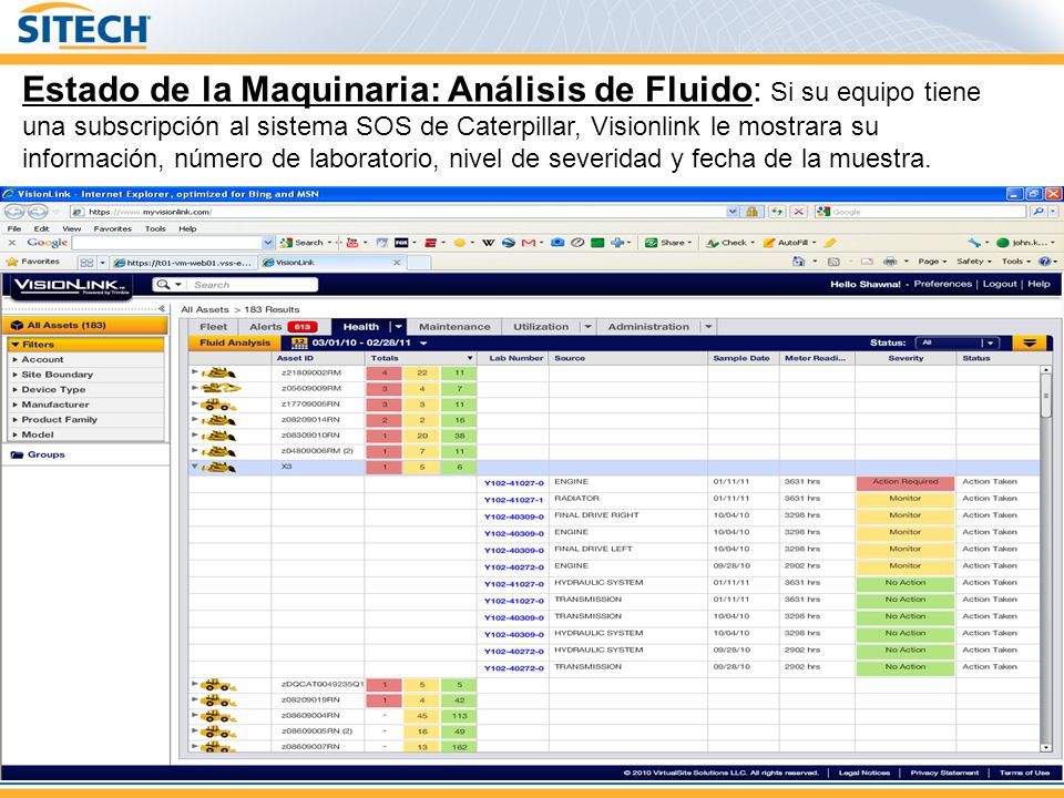Estado de la Maquinaria: Análisis de Fluido: Si su equipo tiene una subscripción al sistema SOS de Caterpillar, Visionlink le mostrara su información, número de laboratorio, nivel de severidad y fecha de la muestra.