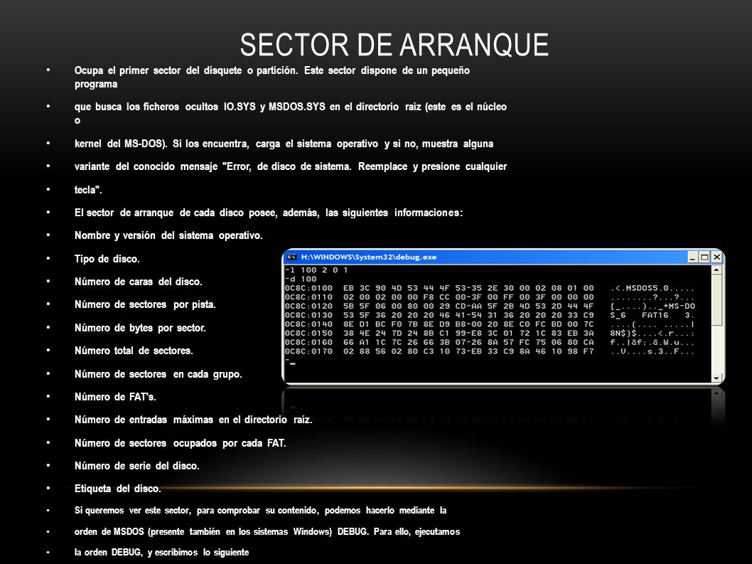 Sector de arranque Ocupa el primer sector del disquete o partición. Este sector dispone de un pequeño programa.