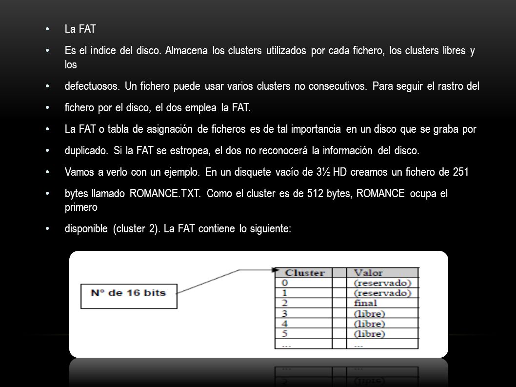 La FAT Es el índice del disco. Almacena los clusters utilizados por cada fichero, los clusters libres y los.