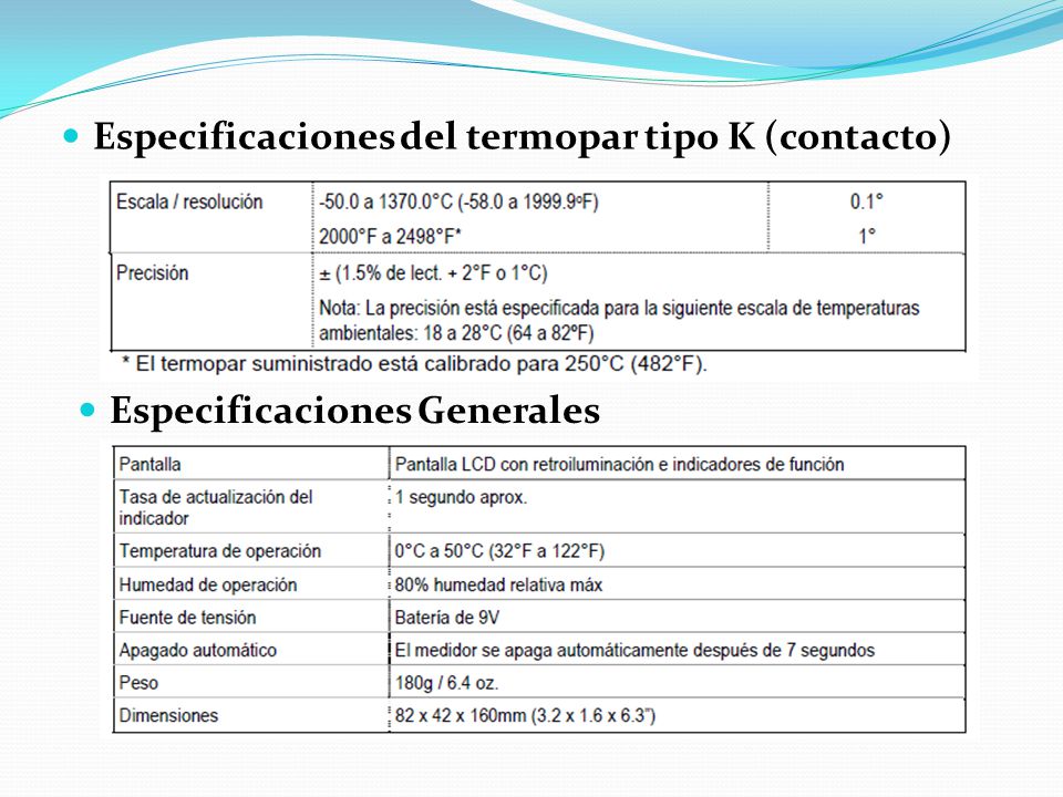 Especificaciones del termopar tipo K (contacto)