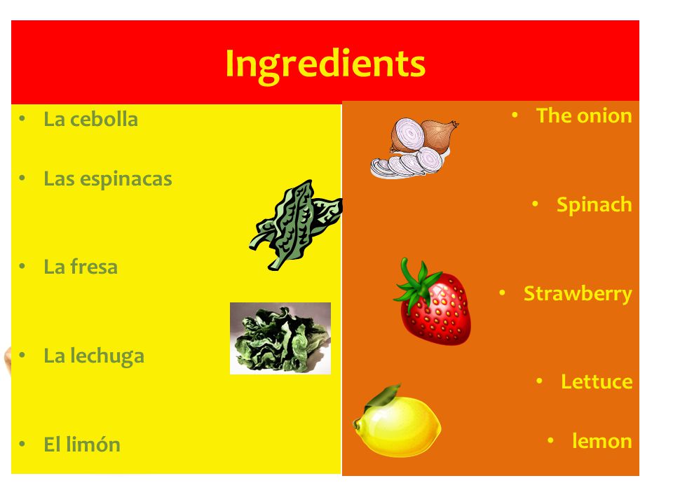 Ingredients The onion La cebolla Las espinacas Spinach La fresa