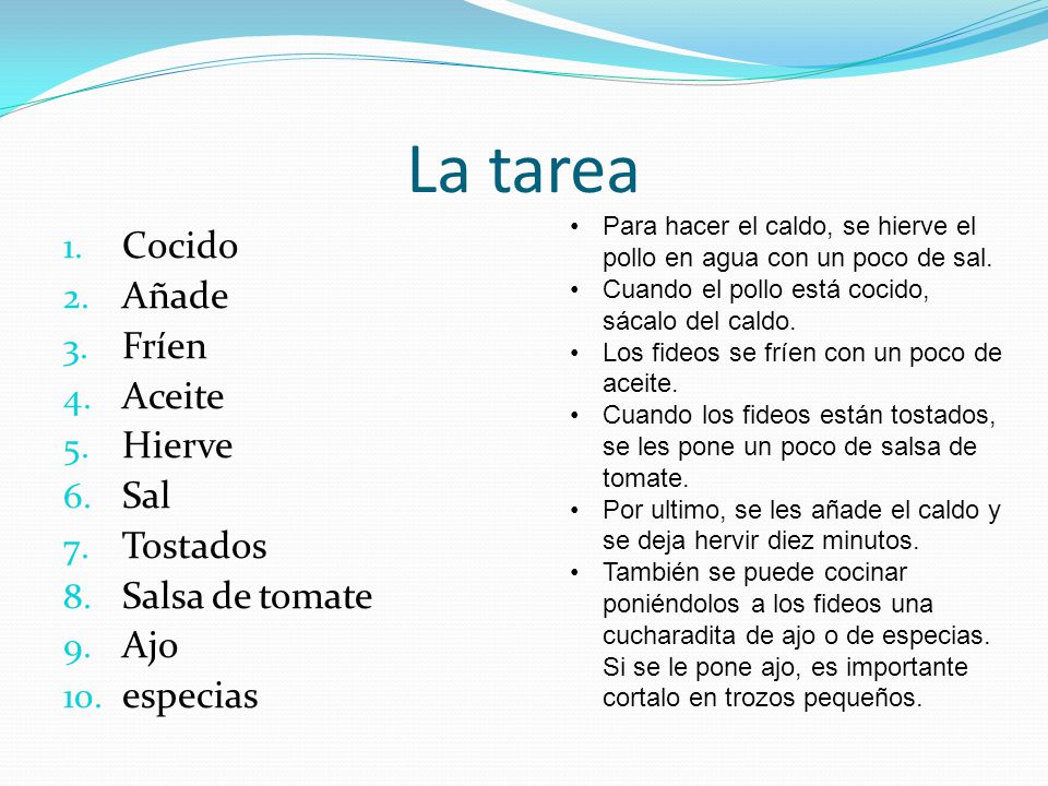 La tarea Cocido Añade Fríen Aceite Hierve Sal Tostados Salsa de tomate