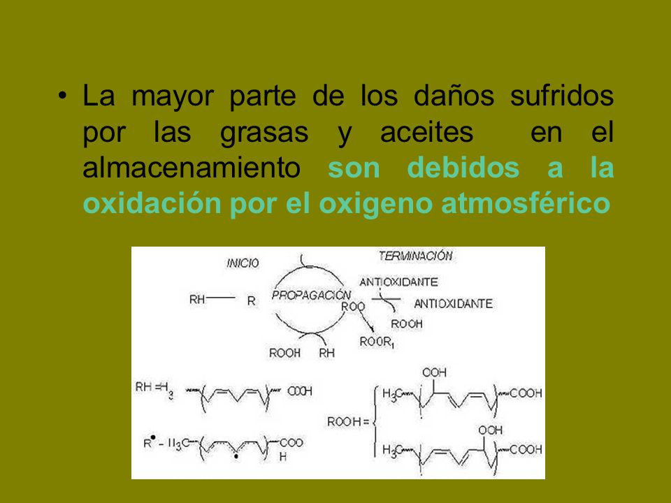 La mayor parte de los daños sufridos por las grasas y aceites en el almacenamiento son debidos a la oxidación por el oxigeno atmosférico