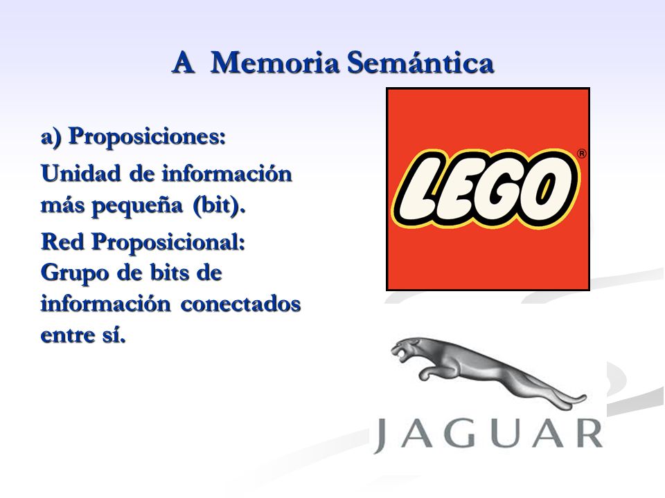 A Memoria Semántica a) Proposiciones: Unidad de información más pequeña (bit).