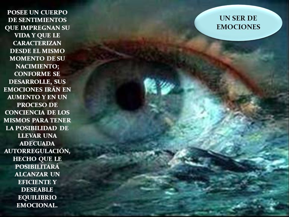 POSEE UN CUERPO DE SENTIMIENTOS QUE IMPREGNAN SU VIDA Y QUE LE CARACTERIZAN DESDE EL MISMO MOMENTO DE SU NACIMIENTO; CONFORME SE DESARROLLE, SUS EMOCIONES IRÁN EN AUMENTO Y EN UN PROCESO DE CONCIENCIA DE LOS MISMOS PARA TENER LA POSIBILIDAD DE LLEVAR UNA ADECUADA AUTORREGULACIÓN, HECHO QUE LE POSIBILITARÁ ALCANZAR UN EFICIENTE Y DESEABLE EQUILIBRIO EMOCIONAL.