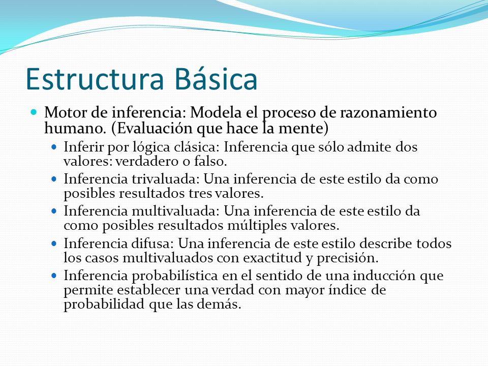 Estructura Básica Motor de inferencia: Modela el proceso de razonamiento humano. (Evaluación que hace la mente)
