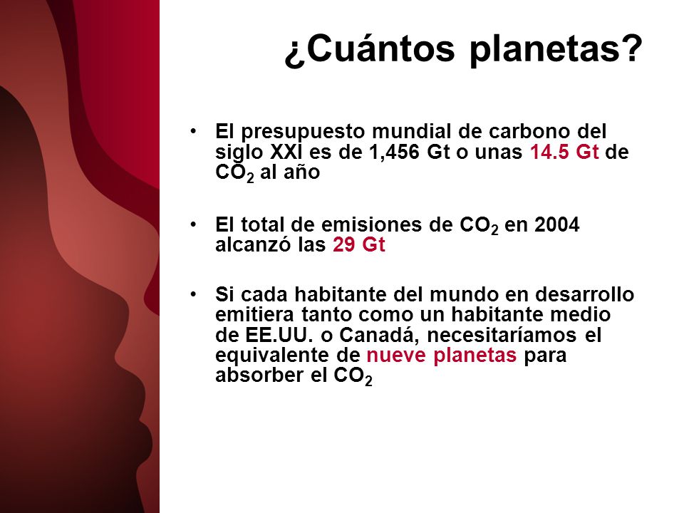 ¿Cuántos planetas El presupuesto mundial de carbono del siglo XXI es de 1,456 Gt o unas 14.5 Gt de CO2 al año.