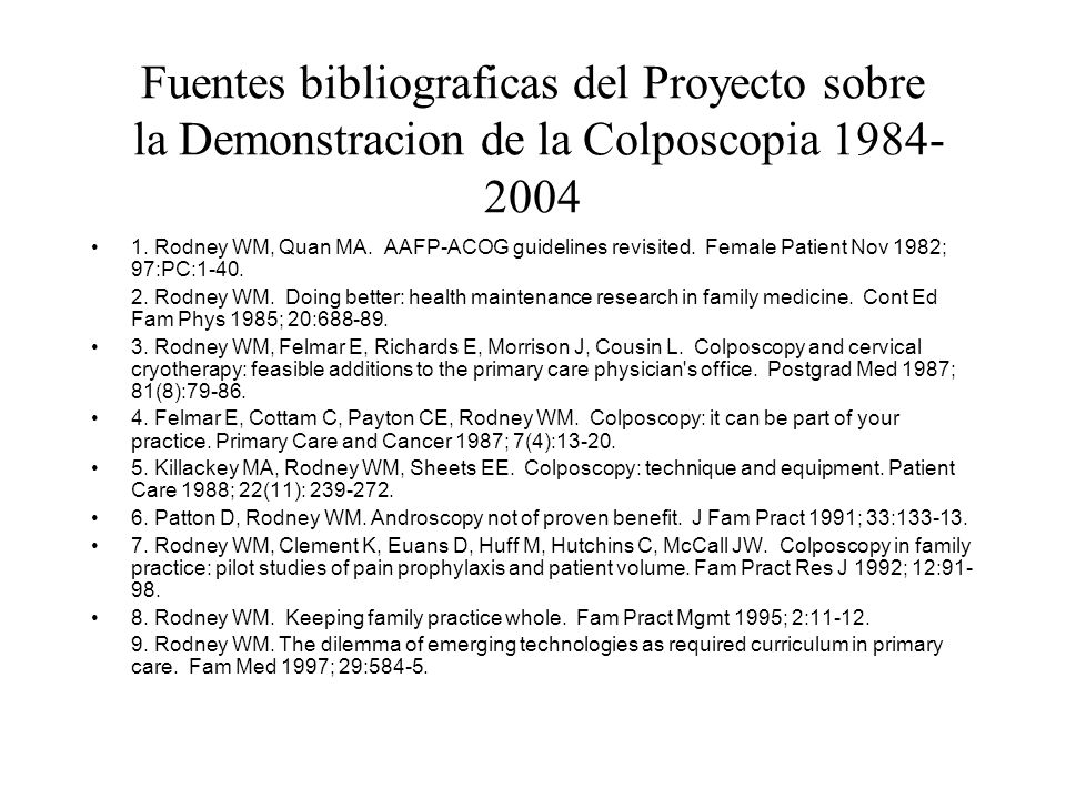 Fuentes bibliograficas del Proyecto sobre la Demonstracion de la Colposcopia