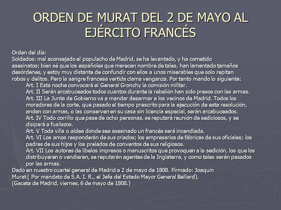 ORDEN DE MURAT DEL 2 DE MAYO AL EJÉRCITO FRANCÉS