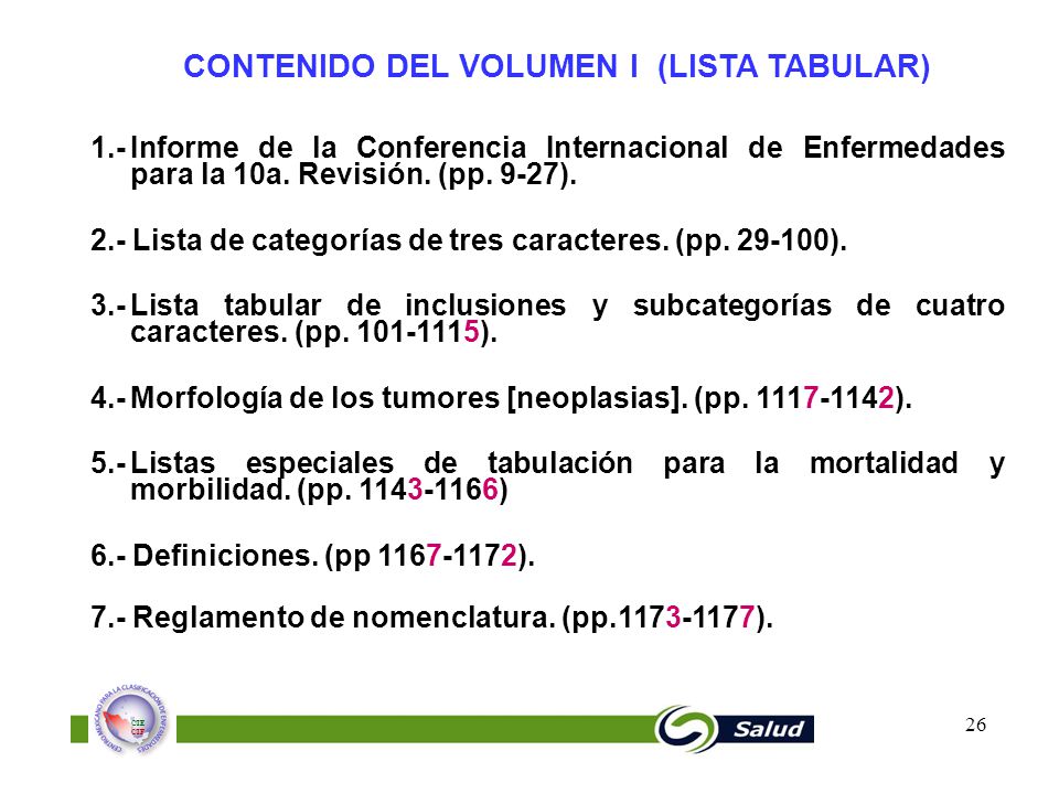 CONTENIDO DEL VOLUMEN I (LISTA TABULAR)