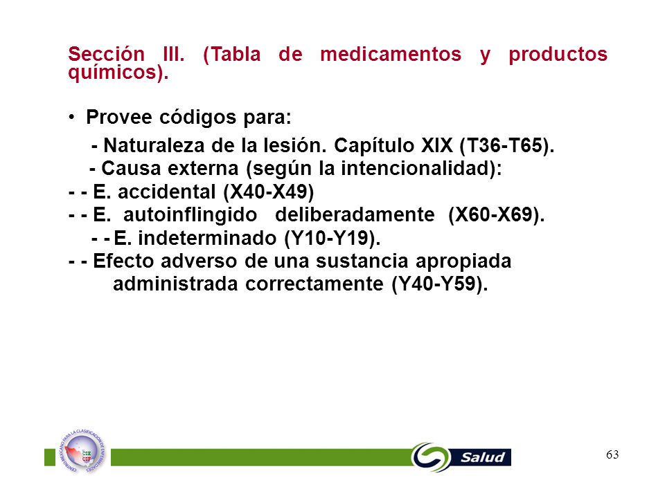 Sección III. (Tabla de medicamentos y productos químicos).